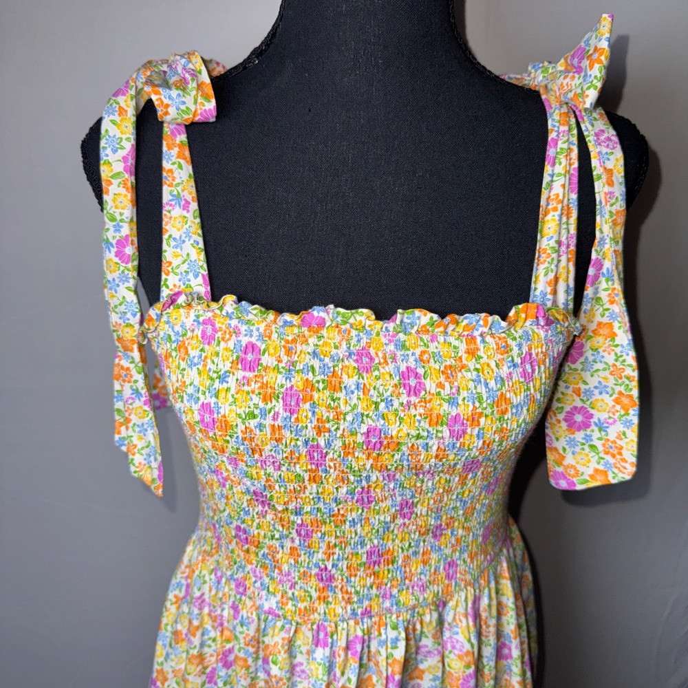 Flying Tomato Floral Smocked Maxi Dress Tie Shoulder Cotton Multi Color M Tiered - Picture 3 of 9